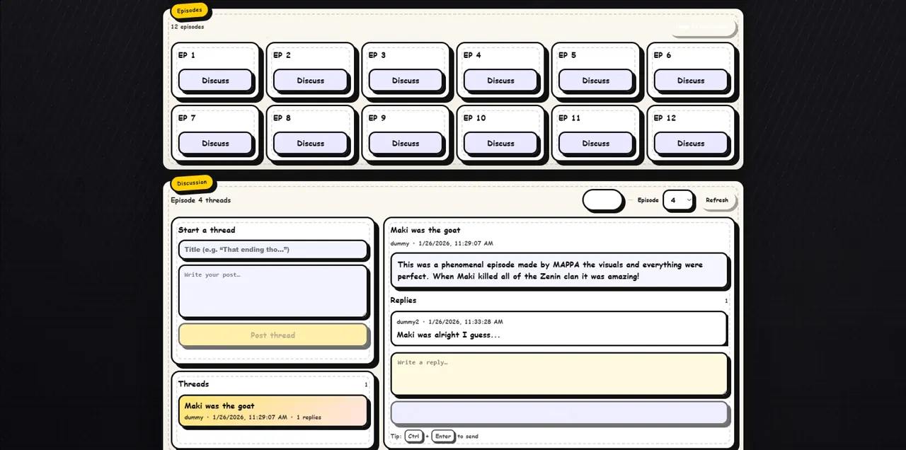 AnimeHub discussion thread screen